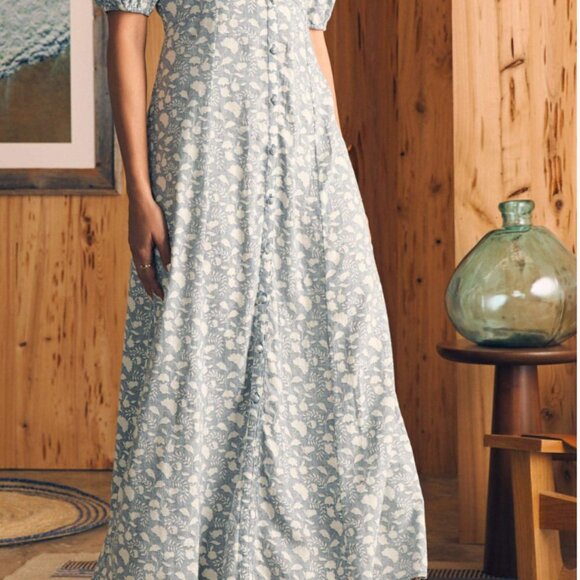 Faherty Havana Dress Indigo Echo Floral Linen Blend, Size S - Picture 2 of 9